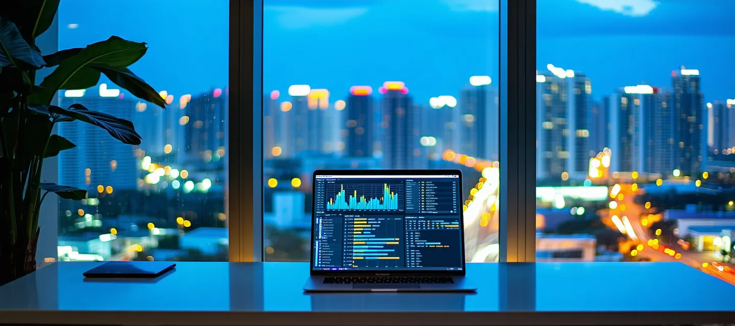 Miami Brickell skyline at dusk viewed from a modern office workspace with a laptop displaying a CRM dashboard