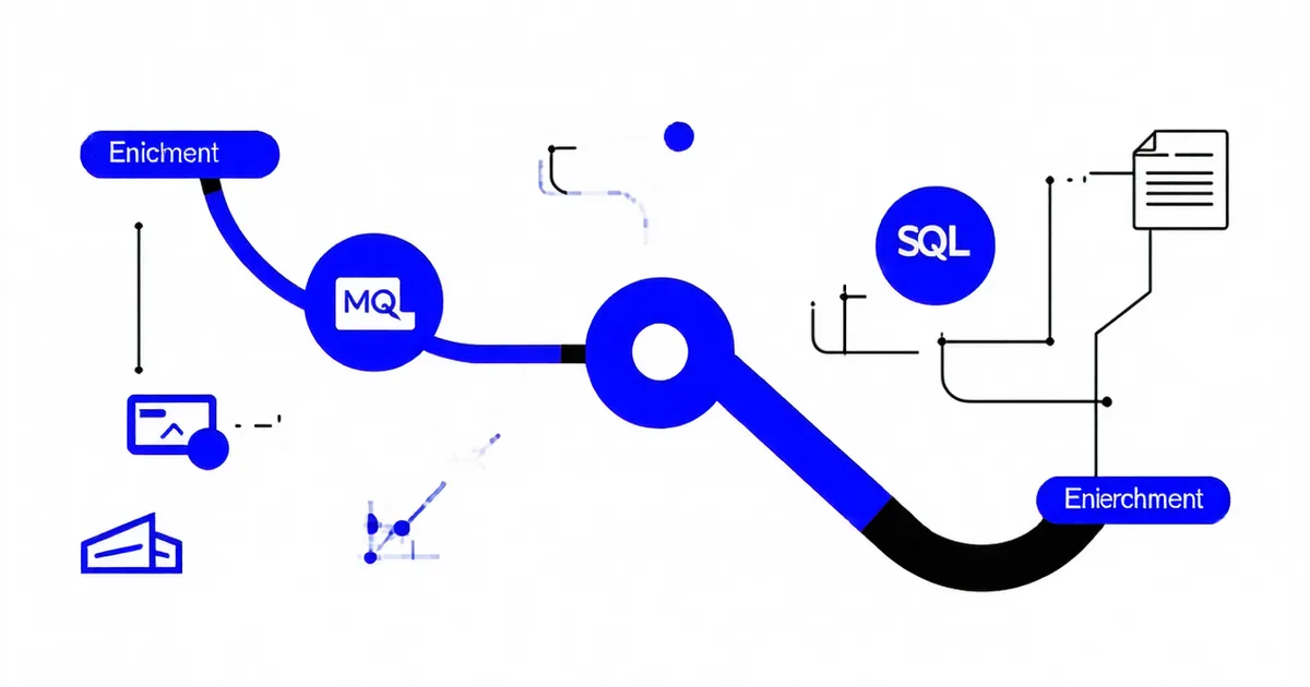 Abstract visualization of MQL to SQL conversion pipeline with enrichment data signal