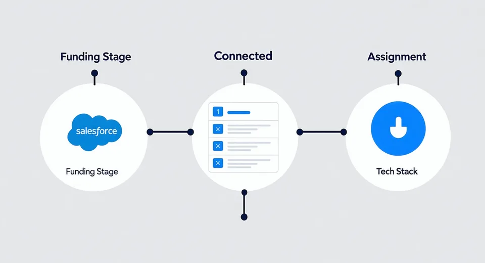 Step-by-step Salesforce integration setup diagram showing webhook configuration, field mapping, and assignment rule trigger