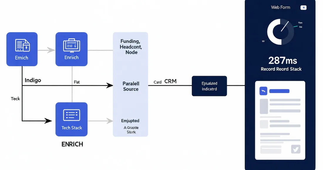 Diagram showing the Salmon enrichment pipeline: form submission triggers webhook, parallel data source queries, enriched CRM record output with latency timer