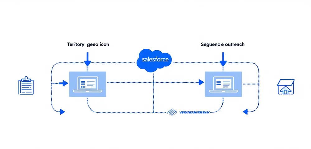 Diagram showing lead routing logic: enriched Salesforce record triggering three routing paths by territory, segment, and sequence